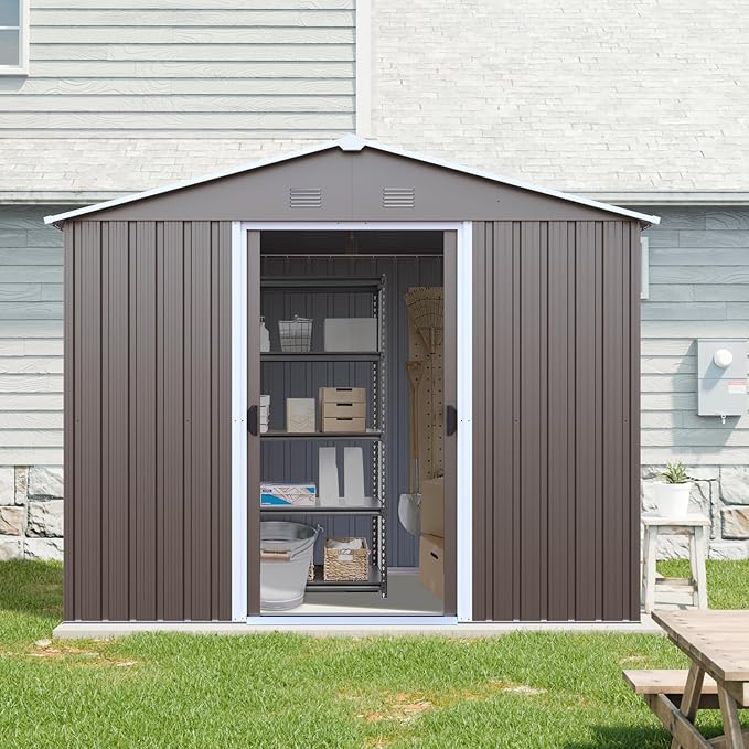 4x8 FT Outdoor Storage Shed, Metal Garden Shed with Frame Floor, Outside Tool Shed with Lockable Sliding Doors, Waterproof Storage Building with Sloped Roof for Backyard, Patio, Lawn, Warm Gray