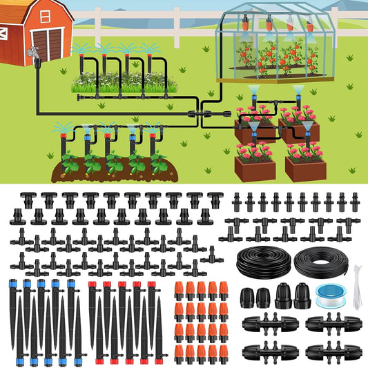 Pawfly 240 ft Drip Irrigation System for Garden, Drip Irrigation Kit with 40ft 1/2" & 200ft 1/4" Tubing Adjustable Emitters Fittings and Accessories, Garden Watering System for Greenhouse Lawn Yard