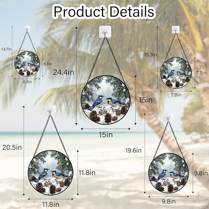 Stained Glass Window Hanging - Blue Bird Winter Forest Landscape Suncatcher for Door Garden Yard Sun Catchers Decor Christmas Mother's Day Birthday Gifts for Women Mom Nana Friend 15 in