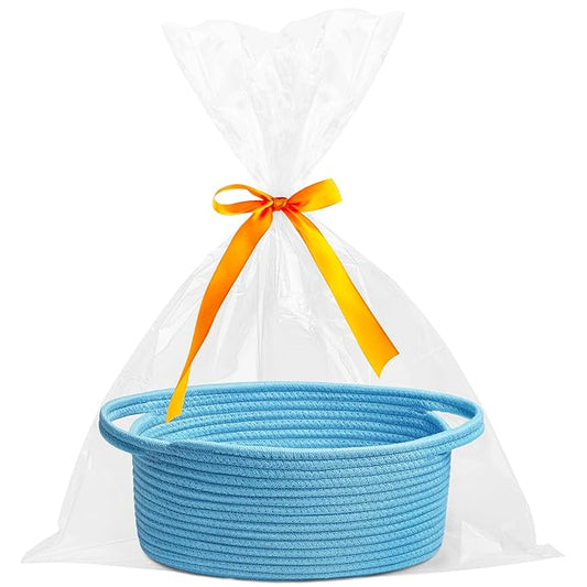 Pro Goleem Small Woven Basket with Gift Bags and Ribbons Durable Baskets for Gifts Empty Small Rope Basket for Storage 12"X 8" X 5" Baby Toy Basket with Handles, Blue