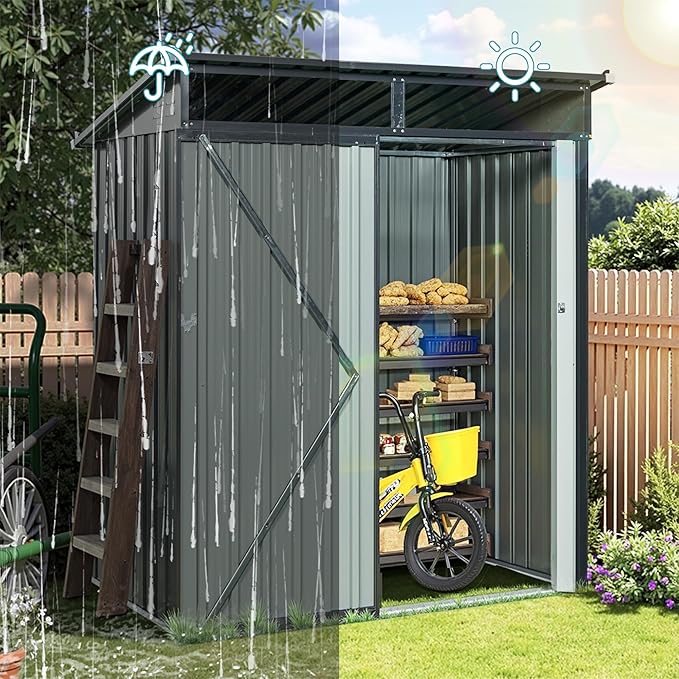 Sheds & Outdoor Storage 5ft x 3ft Metal Storage Shed with Transparent Plate, Hinged Door Design Small Garden Tool Storage Cabinet for Backyard, Patio, Poolside, Gray