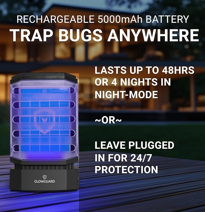 GlowGuard Cordless Flying Insect Trap Catches Fruit Flies, Indoor Gnat Killer, Magnet for Moths & Mosquitos in Dark, 1 Rechargeable Trap + 4 Dual-Sided Sticky Pad Refills, 30Hr 5000mAh Battery (Black)