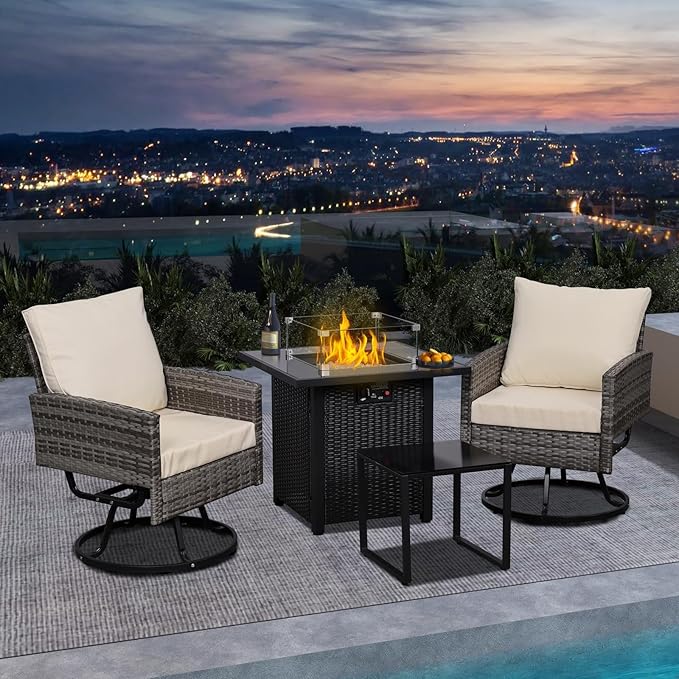 28'' Gas Fire Pit Table, Outdoor Square Fire Pit Table with Cover, Glass Wind Guard & Glass Rock, 60000 BTU Stainless Steel H-Burner Fire Pit Tables for Outside Patio Backyard Garden (Square)