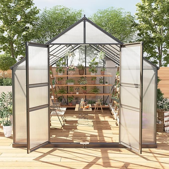 8x16FT Walk-in Greenhouses for Outdoors, Heavy Duty Polycarbonate Green House with Quick Setup Structure, Roof Vent, Push-Pull Lockable Door, Aluminum Green House for Garden Backyard, Patio, Lawn