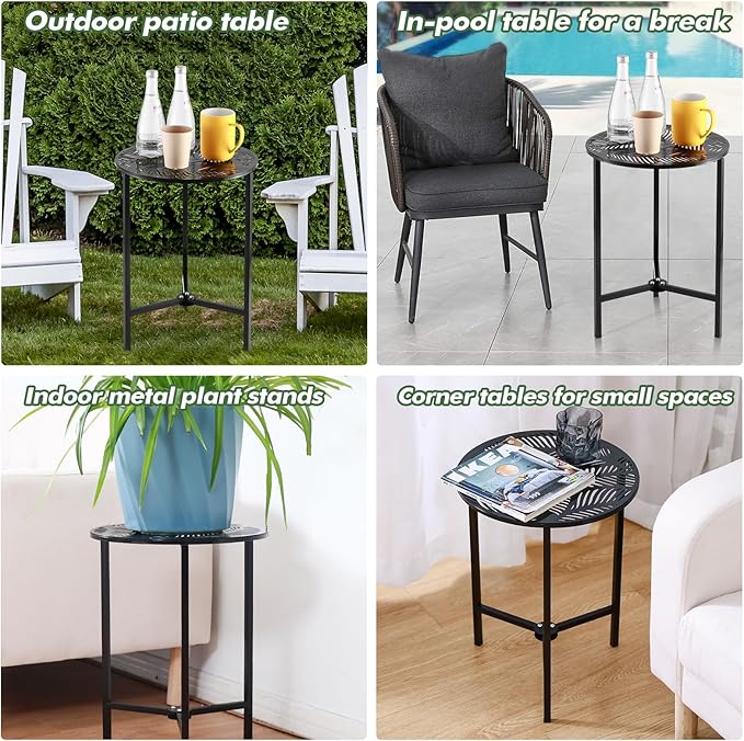 1 Packs 13" Metal Outdoor Side Tables Small Black Outside End Table for Patio Round Accent Corner Stand for Small Spaces Weather-Resistant Coffee Table for Balcony Porch Plant Stand, Tropical Leaves