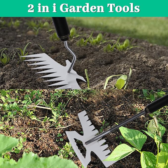 2-in-1 Weed Puller Rake Hand Weeder Garden Tools,New 11 Teeth Uprooting Weeding Tool with Adjustable Long Handle,Manganese Steel Weed Remover Tool for Garden,Lawn Weeding and Loosening Soil（Black）