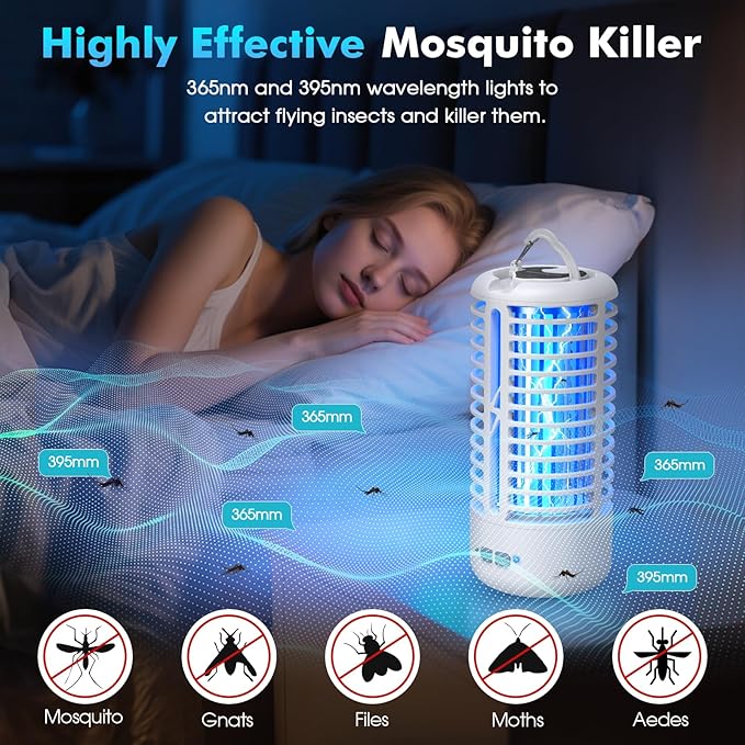 Rechargeable Bug Zapper, Portable Electric Mosquito Killer for Indoor & Outdoor, Fly Trap for Camping, Patio, Garden, Kitchen, and Porch(1 Pack, White)