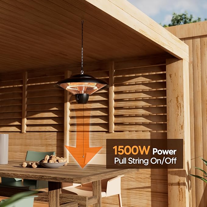 Patio Heater for Outdoor Use 1500W Electric Infrared Hanging Heater, Ceiling Mounted, Waterproof for Porch, Garage, Balcony, Overheat Protection Black
