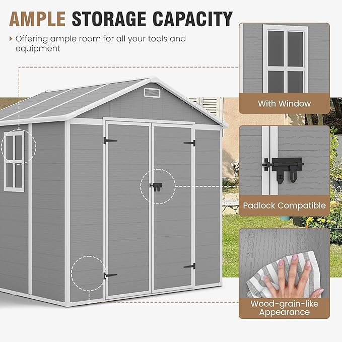 Outdoor Storage Shed, 8x6 FT Resin Shed with Floor and Lockable Door, Window & Vents, Tool Sheds & Outdoor Storage for Bike, Garden Accessories, Tools, Waterproof Grey White