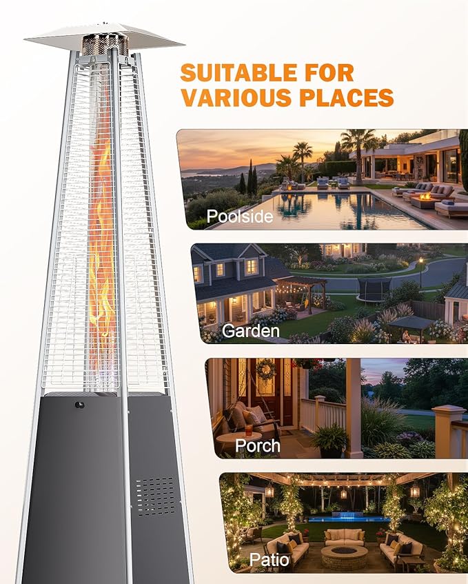 Pyramid Patio Heater, 48000 BTU Fast Heating Outdoor Heater for Large Spaces with Wheels & Weatherproof Cover, Triple Protection System for Restaurant Patios, Rooftop Bar, Event Spaces