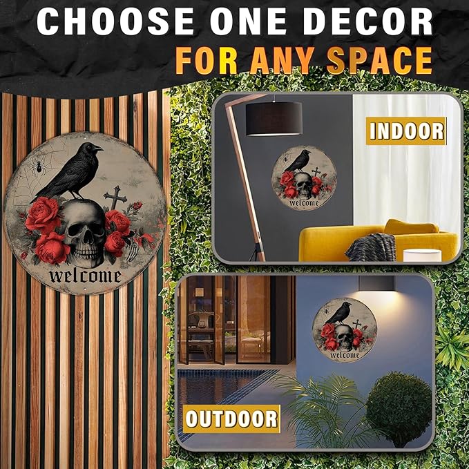 PEACHGARDEN Halloween Skull Crow Metal Tin Sign Vintage Gothic Skeleton Decor Spooky Welcome Door Plaque Retro Wall Art Iron Painting for Home Bar Pub 8x8inch