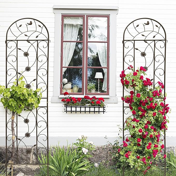 2 Pack Metal Garden Trellis for Climbing Plant Rose Stand, Brown Outdoor 86.7'' Tall Flower Support Iron Garden Fence, Brown