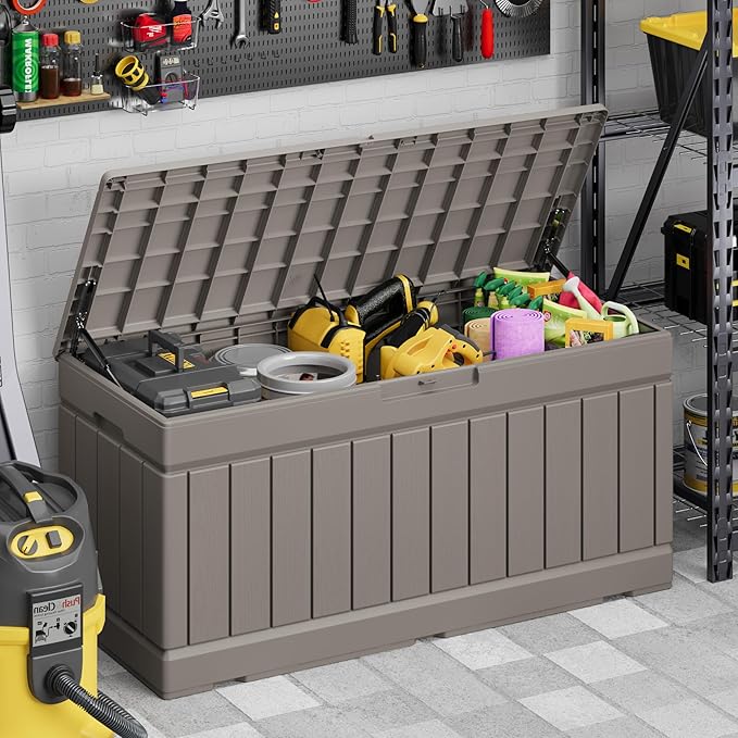 Devoko 78 Gallon Deck Box, Waterproof Resin Outdoor Storage Box for Outside and Patio, Outdoor Storage Bench Lockable for Patio Furniture, Garden Tools and Pool Supplies (Light Brown, 78 Gallon)