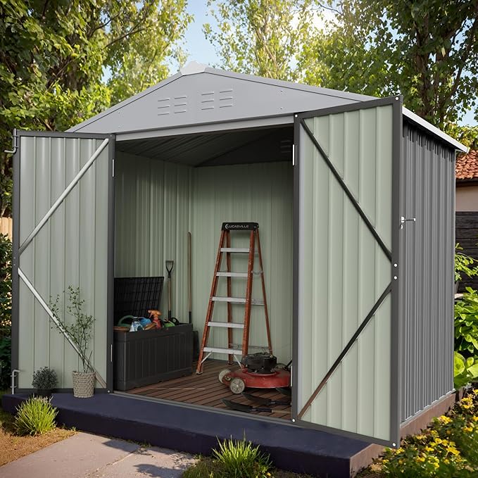 GUNJI 8 x 6 FT Shed Outdoor Storage Shed Metal Garden Shed with Lockable Door Outside Waterproof Tool Shed for Backyard, Patio, Lawn (Gray)