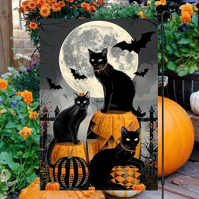 Scary Pumpkin Black Cat Spooky Welcome Halloween Cat 12 X 18 Inches Double-Sided House Flags