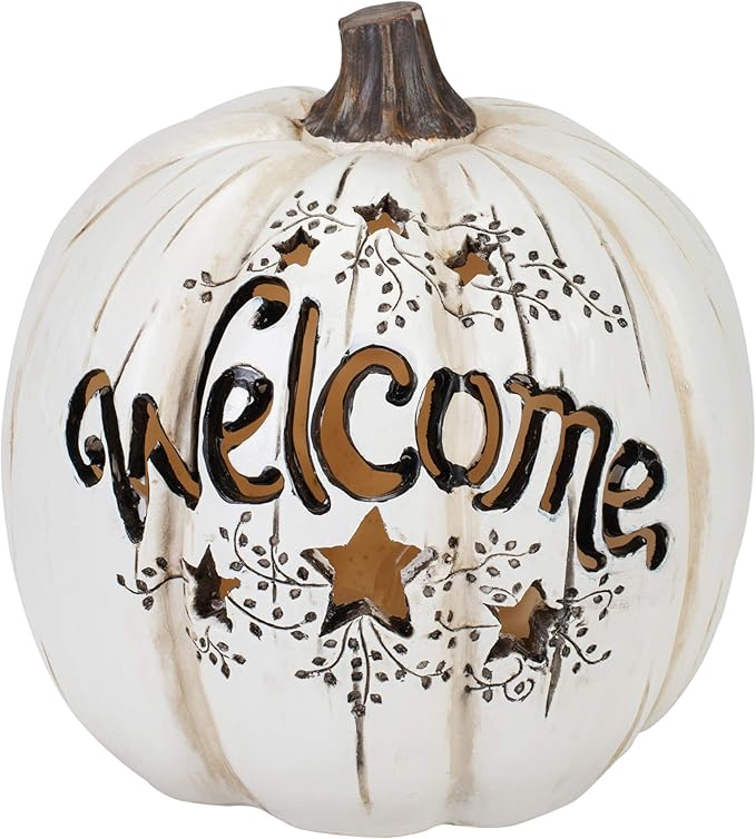 Mark Feldstein & Associates Welcome LED Pumpkin White 7 x 7 Resin Stone Halloween Collectible Figurine