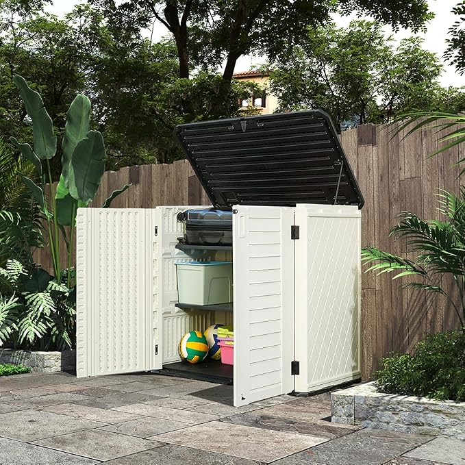 HOMSPARK Storage Shed Weather Resistance, Multi-Purpose Outdoor Storage Cabinet for Backyards and Patios, 26 Cu.ft Capacity Horizontal Storage Shed for Bike, Lawnmower, Trash Cans, Patio Accessories