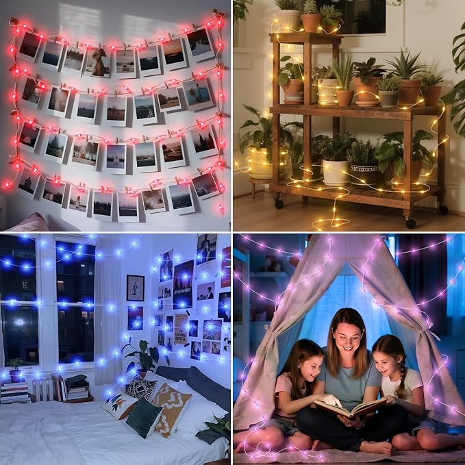 OMIKA 16.4ft 50 LEDs16 Color Battery Operated & USB Powered String Lights, with Remote Timer Waterproof Silver Wire Twinkle Lights for Room Garden Patio Indoor Outdoor Decor(132 Modes)