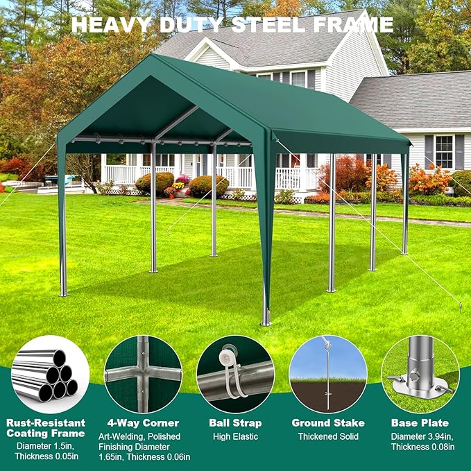12x20FT Heavy Duty Carport Potable Car Canopy Garage Party Tent Boat Shelter,Waterproof & UV Protected with Four Wind-Resistant Ropes, Outdoor Tents for Cars,Boats,Trucks, Motorcycles(Green)