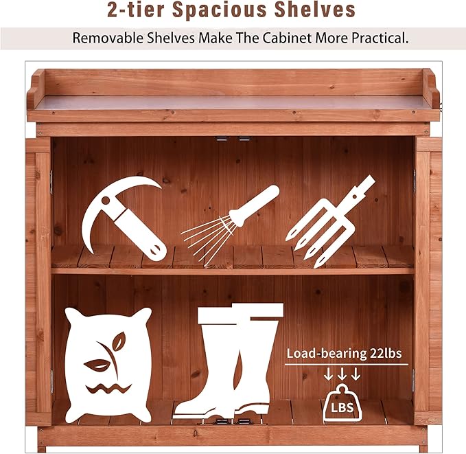 Merax Outdoor 39" Potting Bench Table, Rustic Garden Wood Workstation, Storage Cabinet with 2-Tier Shelves and Side Hook, Orange