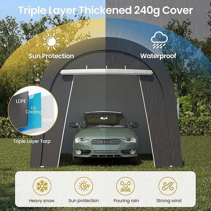 Carport, 10'x15' Outdoor Round Portable Garage with 2 Roll up Doors, Heavy Duty Storage Shelter Car Canopy Party Tent, Dark Gray