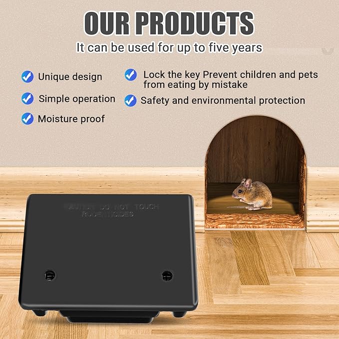 Qualirey Rat Bait Stations Large Rodent with Key Reusable Mouse Stations Mice Blocks Heavy Duty Boxes for Outdoor Rodents Mice Blocks, Bait Not Included, Black (4 Pack,8.66 x 7.5 x 3.9 Inches)