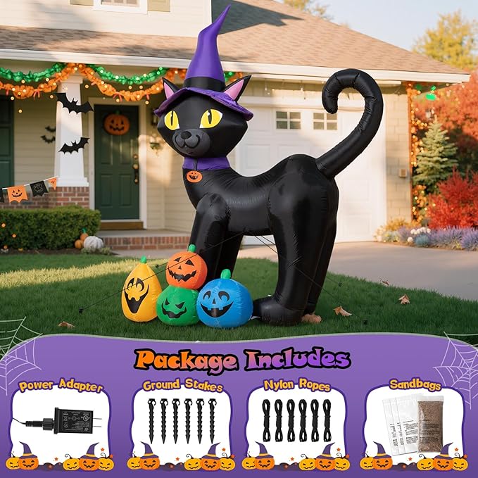 6FT Halloween Inflatable Black Cat with Witch Hat and 4 Colorful Pumpkins, Cute Blow Up Yard Decoration with LED Lights for Lawn, Garden, Balcony, Outdoor Holiday Party Events