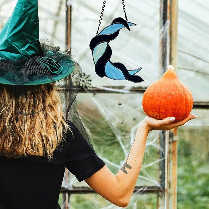 Stained Glass Black Snake on Moon Decor Window Hangings Ornament, Gothic Snake Suncatcher Halloween Decorations, Handmade Stained Glass Gifts Sun Catchers Indoor Window Home Decor.