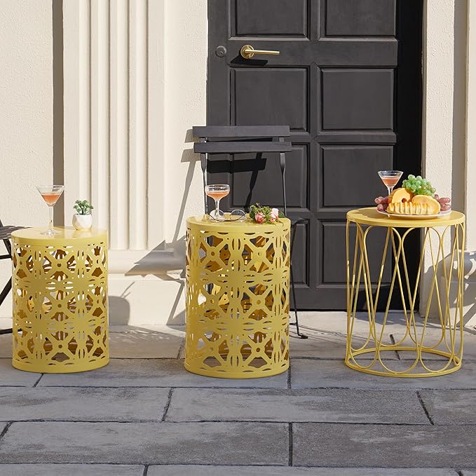 Y&M Set of 3 Round Heavy-Duty Side Table End Table, Outdoor Decorative Garden Stool Plant StandCoffee Table for Indoor Multifunctional Use,-Yellow(Ship from US)