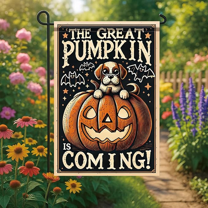 Halloween Garden Flag Pumpkin Dog Design Outdoor Yard Banner Autumn Fall Decoration Jack O Lantern Pumpkin Lawn Holiday Party Home Decor 12x18 Inch Double Sided Seasonal House Flag