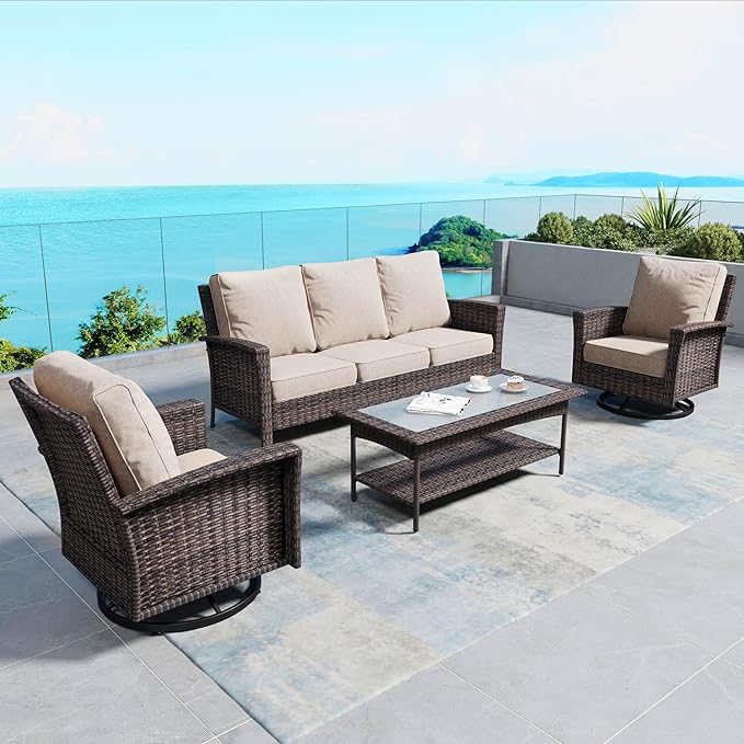 4 Pieces Patio Furniture Set with Swivel Chairs, High Back Wicker Rattan Sofa with Extra Thick Cushion and Coffee Table, Outdoor Conversation Set for Garden Backyard Deck,Beige