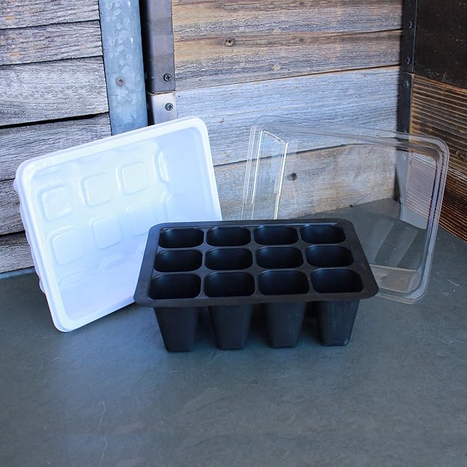 12 Cell Seed Starting Set - Tray, Insert & Dome - Set of 10 - Re-usable Garden Planting Trays - Gardening, Greenhouse & Nursery