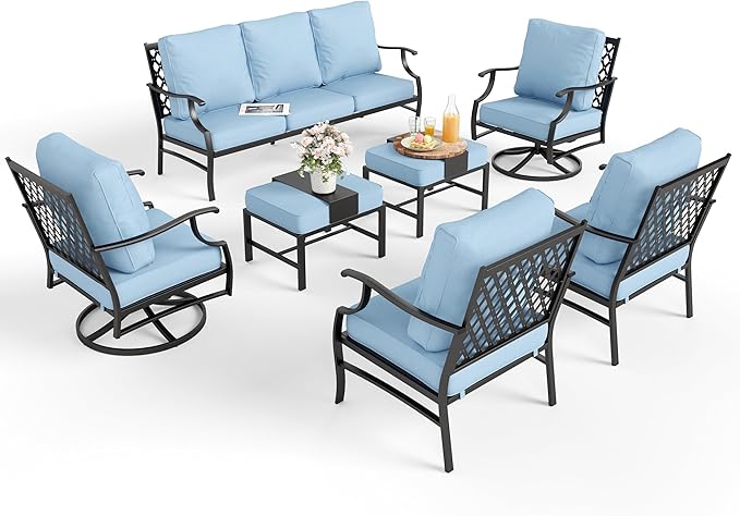 Patio Furniture Set 7 pcs, Outdoor Patio Furniture, 3-Seat Sofa, 2 Single Chairs, 2 Swivel Chairs, 2 Ottomans and 5.75" Extra Thick Cushion, Patio Conversation Set for Backyard Deck,Blue