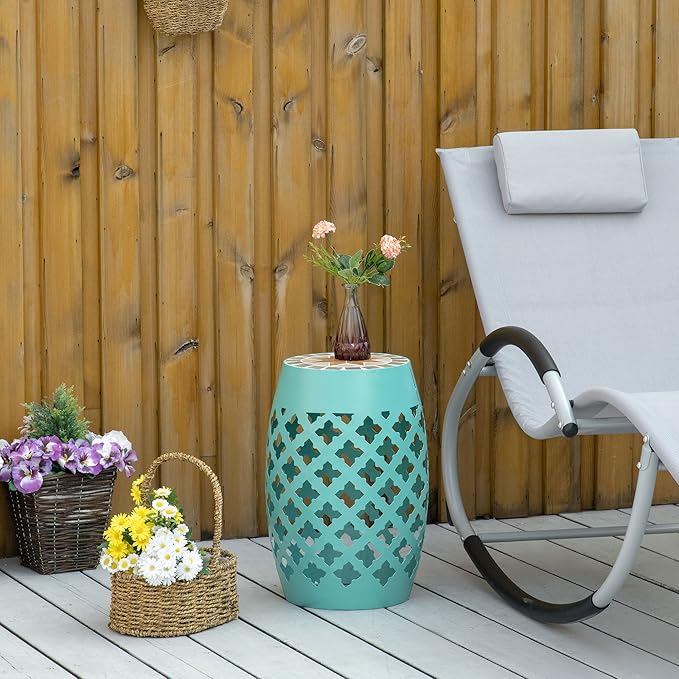 Outsunny 12" Patio Round Side Table, Outdoor Footstool, Garden Mosaic Accent Side Table, Plant Stand, Blue