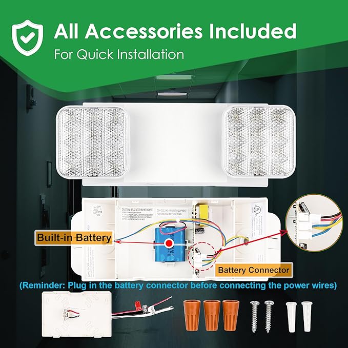 GRUENLICH LED Emergency Light, Exit Lighting Fixtures with Two LED Heads and Back-Up Batteries, UL 924 Qualified, 120/277 Voltage, 1-Pack