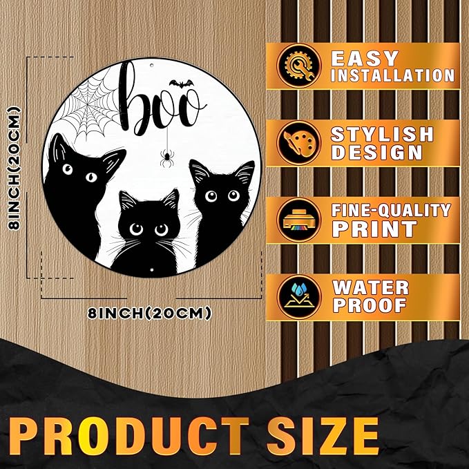 PEACHGARDEN Black Cat Halloween Metal Tin Sign Vintage Gothic Decor Boo Plaque Spooky Wall Art Retro Iron Painting for Home Porch Bar 8x8inch