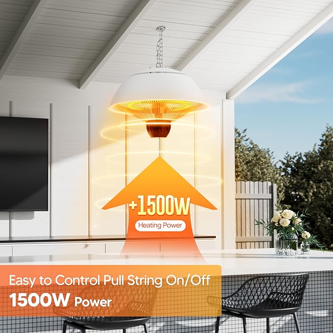 Electric Outdoor Heater, 1500W Hanging Ceiling Mounted Infrared Patio Heater for Outdoor Use, Waterproof Electric Heater for Porch, Balcony, Garage, Adjustable Height, White