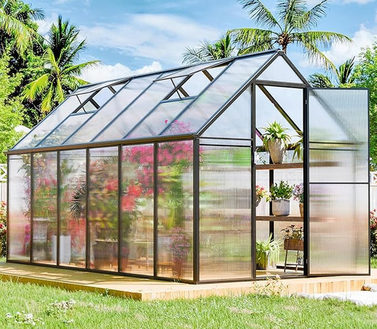 Polycarbonate Greenhouse Kit,12x6x6 FT Outsides Aluminum Frame Heavy Duty Green House with Transparent Panels Windows Door for Backyard Garden, Outdoor Walk in Plant Greenhouses,Black Frame