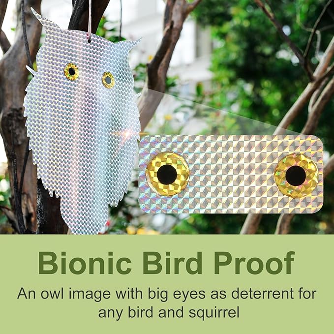 OFFO Owl Decoy to Scare Birds Away (No Bells) Bird Deterrent Device for Woodpecker Pigeon 2 PCS Plastic Hanging Outdoors Reflective Keep Birds Away Home and Garden