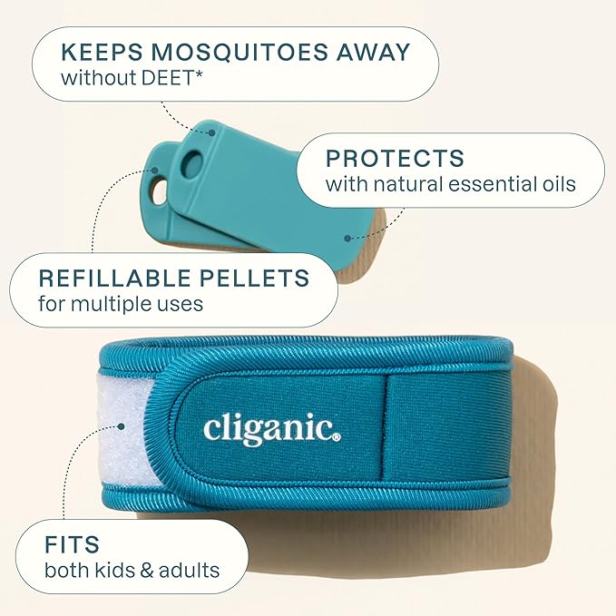 Cliganic Mosquito Repellent Pack (3 Wristbands + 6 Refill Pellets) - Adjustable, Natural DEET-Free, Essential Oil Infused