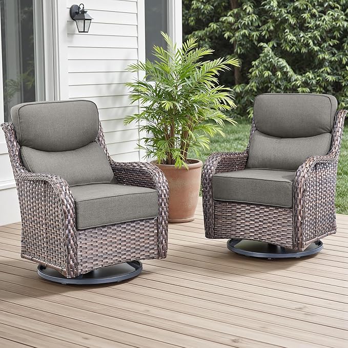 Outdoor Patio Swivel Rocker Chairs Set of 2, Waterproof Wicker, High Back, Deep Seating, Wide Armrest, Upgraded 6 inch Thick Cushions, Ideal for Deck Porch Backyard, Brown/Grey