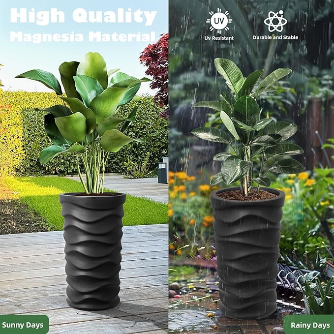 YOLENY Tall Planters with Drainage Hole 2 Pack, 20" H/18 H Porch Wavy Planters Outdoor Indoor Use, Plant Flower Pots for Home Decor, Black