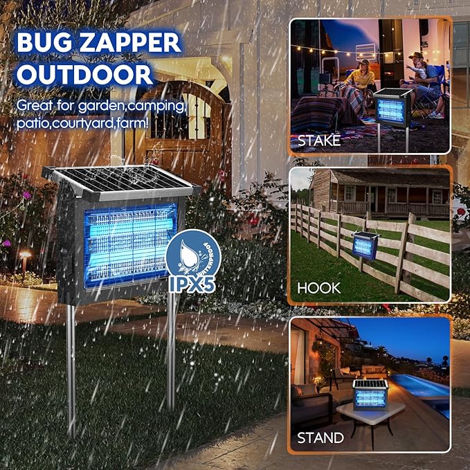 Solar Bug Zapper Outdoor, PhatroyYee Mosquito Zapper 4500V, Waterproof Portable Fly Zapper, Rechargeable Electric Mosquito Killer, Cordless Fly Insect Mosquitos Trap for Patio Yard Home Garden Camping