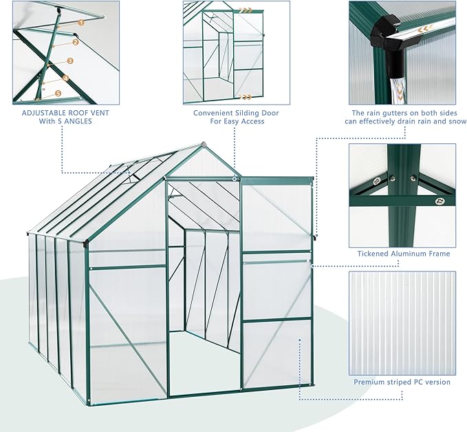 6X10 FT All Season Heavy Duty Walk-in Greenhouses, Outdoor Polycarbonate Plants Green House for Backyard Garden, Sliding Door Raised Base Anchor Aluminum, Green