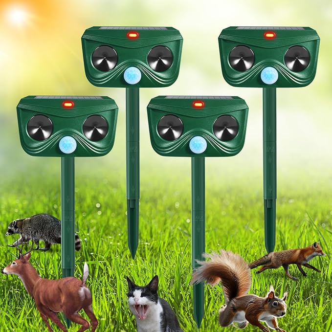 4 Pack Ultrasonic Animal Repellent Outdoor Cat Repellent Outdoor Deer Repllent Devices Animal Deer Deterrent Scare Squirrel, Raccoon, Skunk, Rabbit, Dog with Motion Detector for Yard Garden