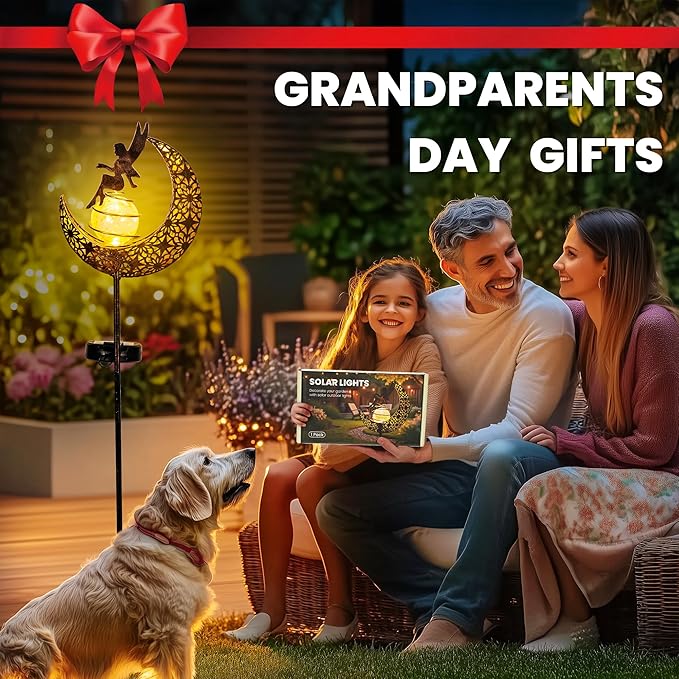 Fairy Garden Solar Lights Outdoor Moon Stakes, Waterproof Outdoor Metal Decor Gifts for Women Mom, Art Moon Sculpture for Yard, Patio, Garden, Porch, 2 Pack