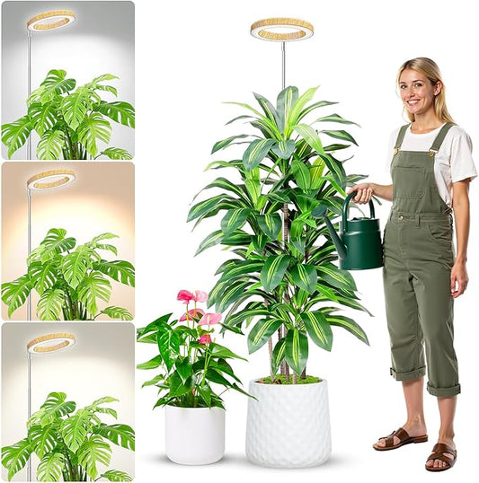 Grow Lights for Indoor Plants, Full Spectrum Plant Lights for Indoor Growing, Height Adjustable 10"-65" Faux Wood Grain Grow Lamp with 6/12/16H Timer, 3 Optional Spectrums, 5 Brightness