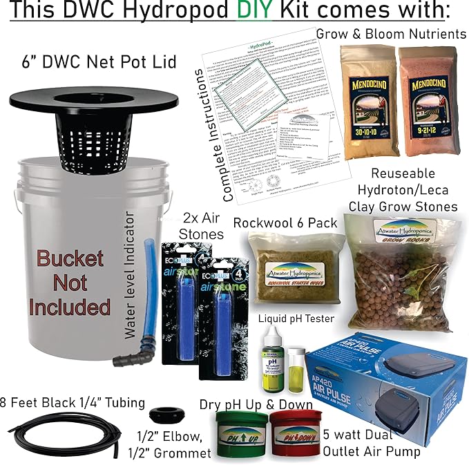 The Atwater HydroPod - DIY Add Your Own Bucket KIT - DWC Deep Water Culture Hydroponic Garden System - Bubble Bucket - with Nutrients and pH Kit - Bucket Not Included
