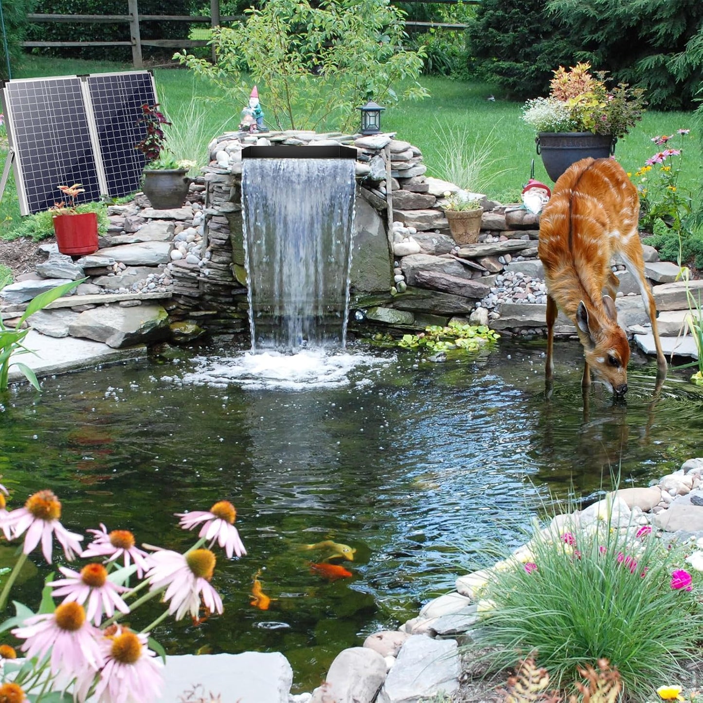 POPOSOAP 70W Solar Water Pump with Pond Waterfall Kit, 304 Stainless Steel Pond Waterfall Spillway, Pond Spillway with 9.8FT Corrugated Tubing for Garden Waterfall,Water Features-P5703