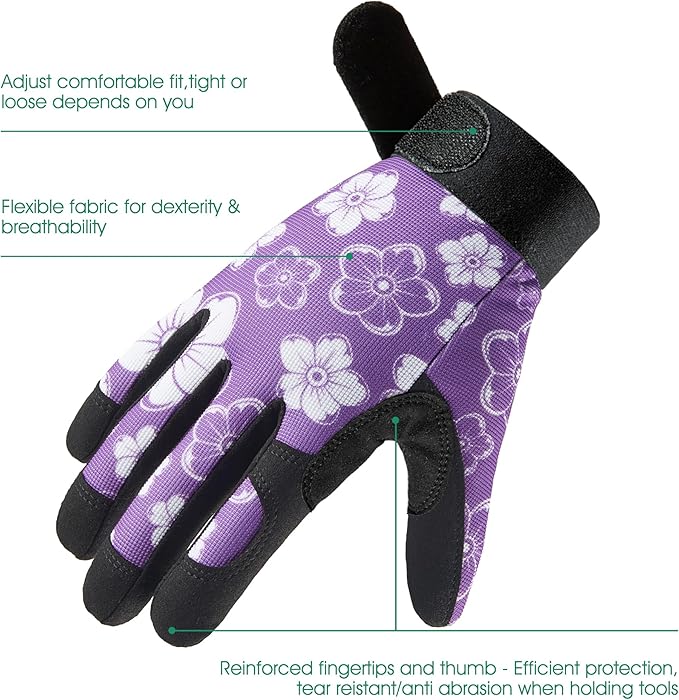 COOLJOB Medium Gardening Work Gloves for Women Ladies, Thorn Proof for Rose Pruning, Cactus Handling, Blackberry Bush Planting, Puncture Resistant Anti-Slip Flexible, 1 Pair M Floral Purple